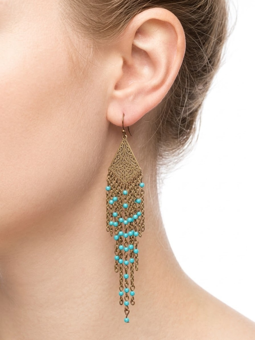 Gold Filigree Fringe Earrings with Turquoise Beads - Women Jewelry